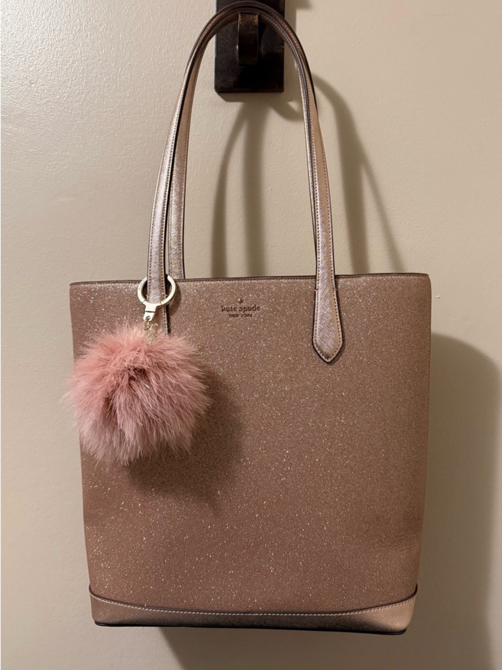 Kate Spade Tinsel Metallic Rose Gold Glitter Tote with Charm/No Dust Bag